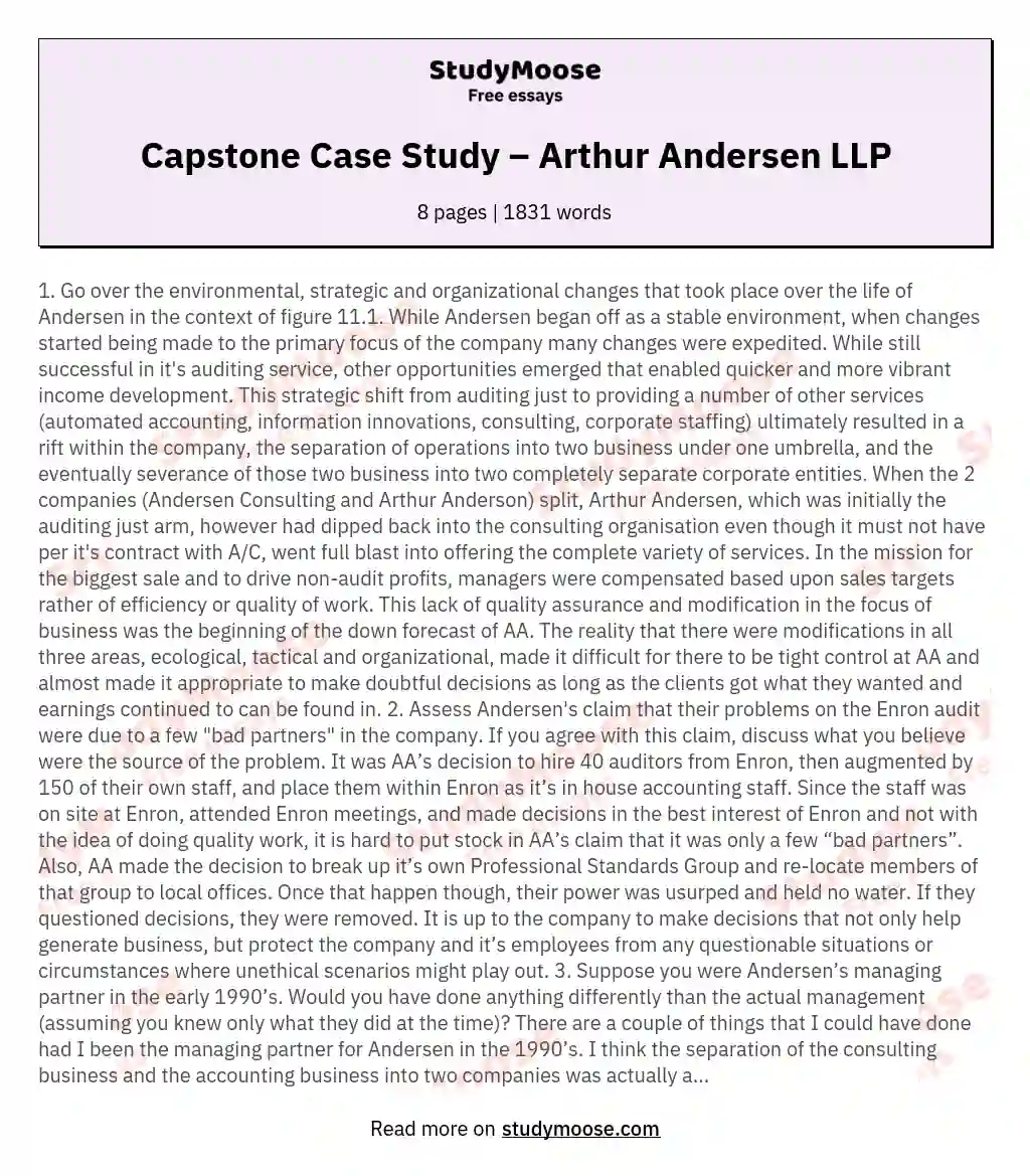 Capstone Case Study – Arthur Andersen LLP essay