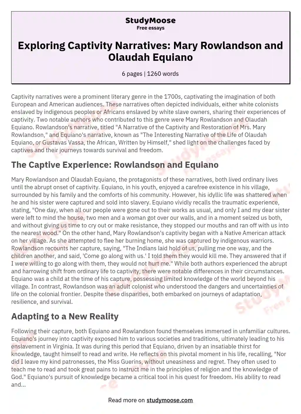 Exploring Captivity Narratives: Mary Rowlandson and Olaudah Equiano ...