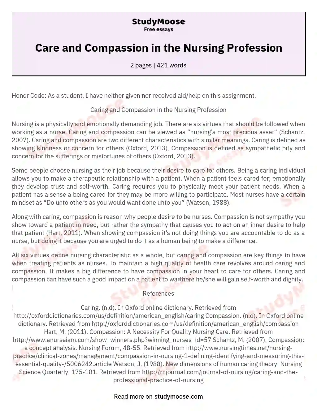 Care and Compassion in the Nursing Profession essay