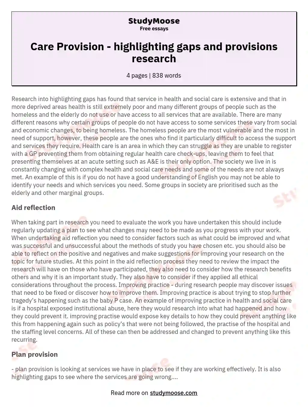 Care Provision - highlighting gaps and provisions research essay