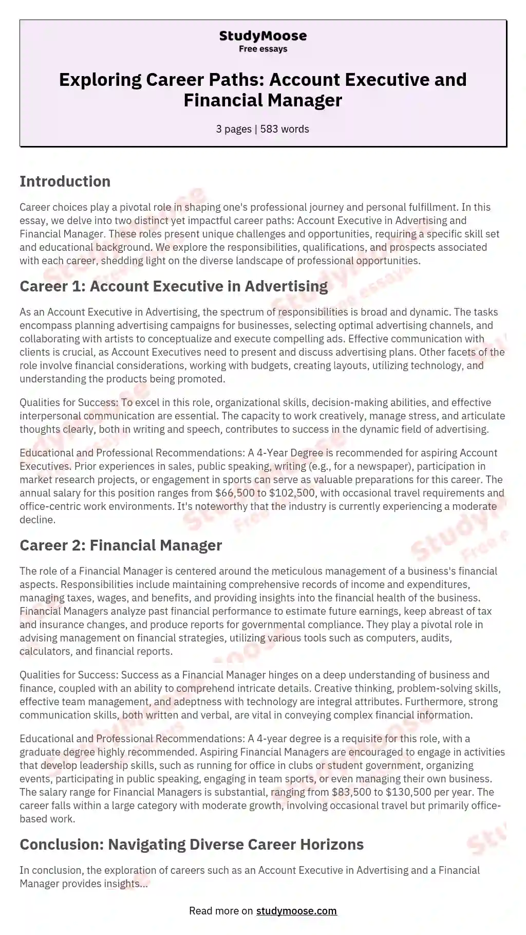 Exploring Career Paths: Account Executive and Financial Manager essay