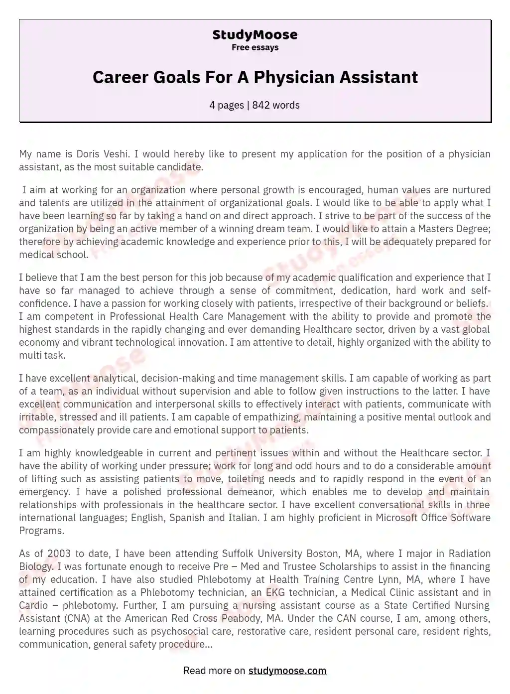 Career Goals For A Physician Assistant Free Essay Example
