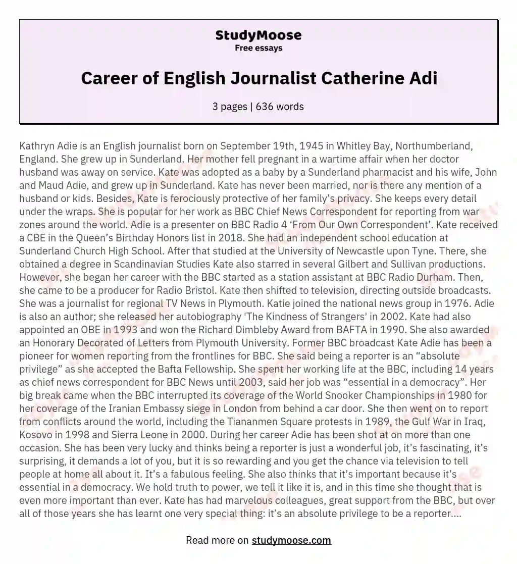 Career of English Journalist Catherine Adi essay