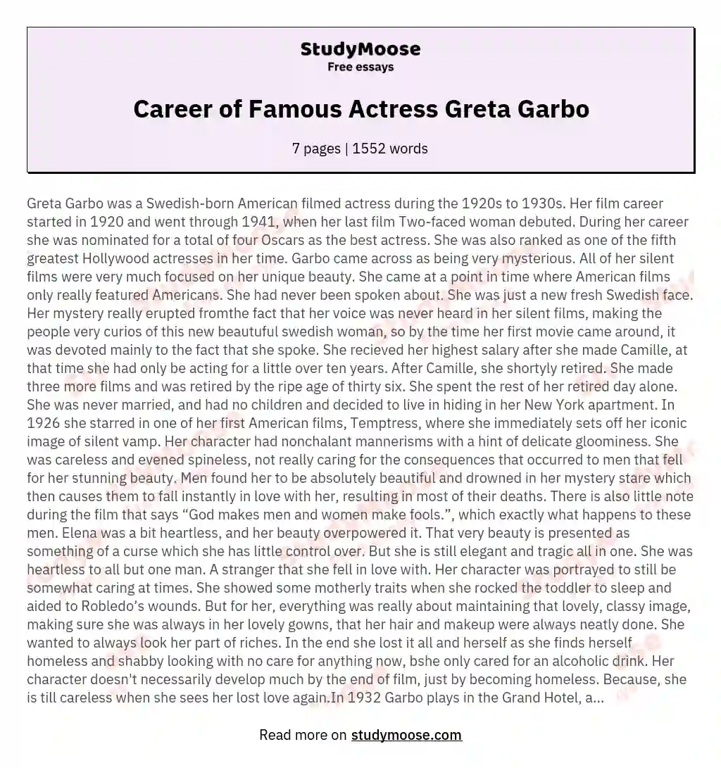 Career of Famous Actress Greta Garbo essay