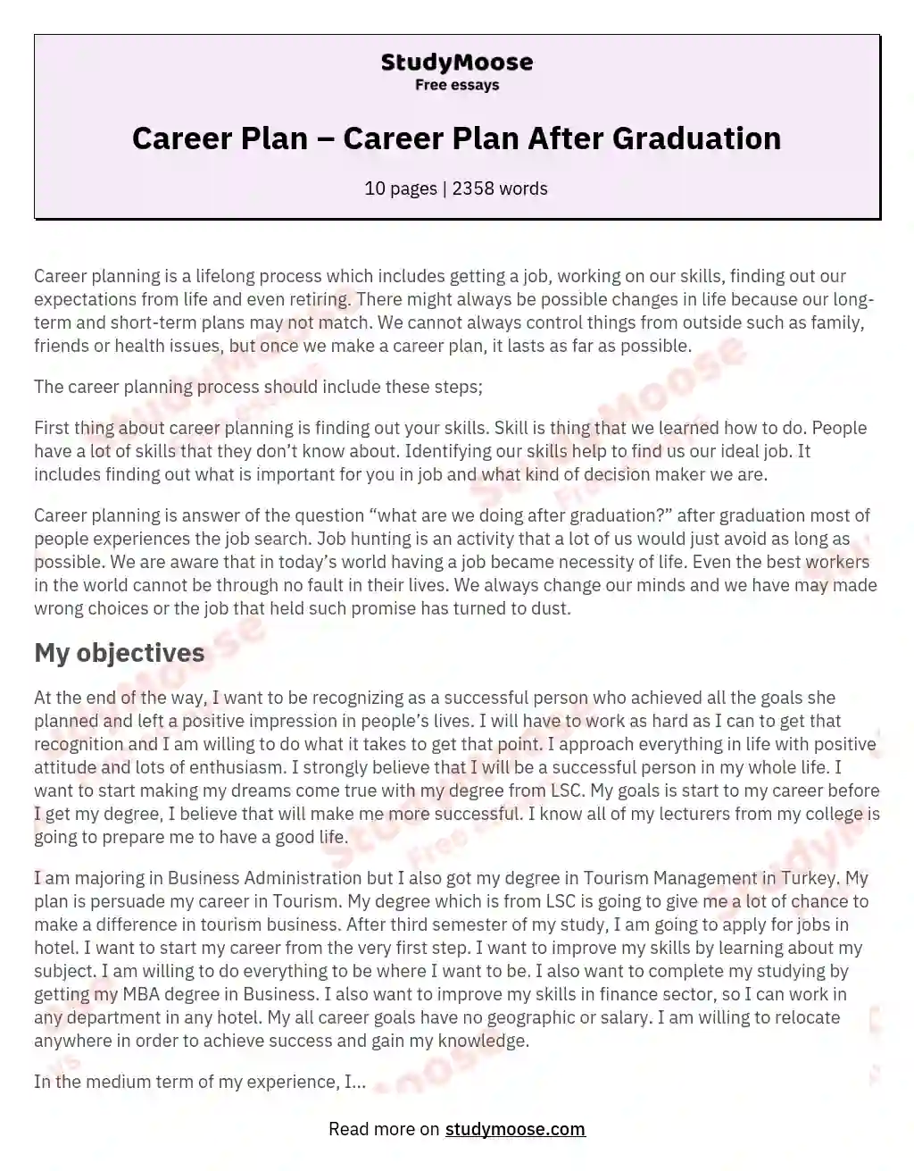 Career Plan  – Career Plan After Graduation essay