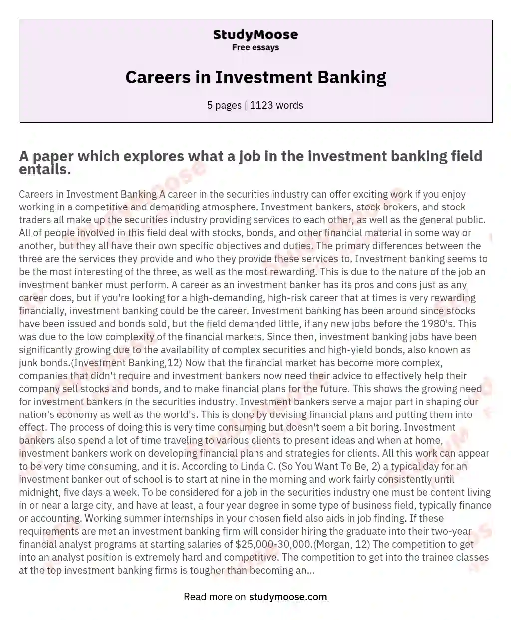 Careers in Investment Banking essay
