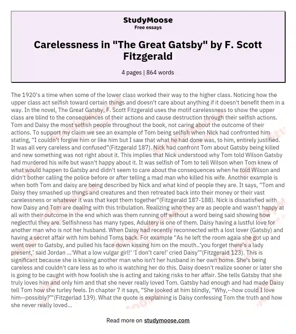 Carelessness in "The Great Gatsby" by F. Scott Fitzgerald essay