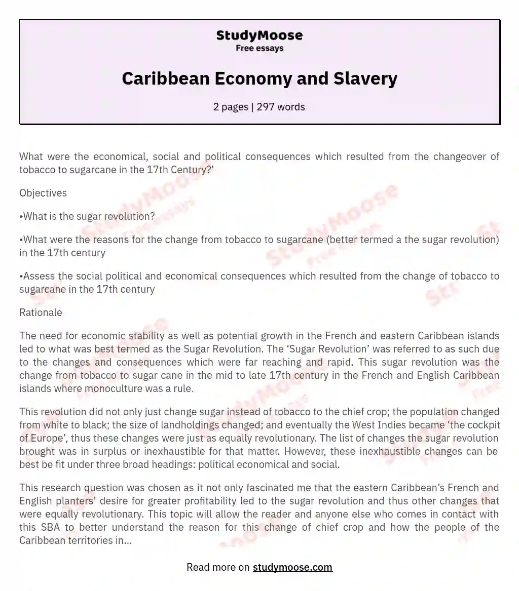 Caribbean Economy and Slavery essay