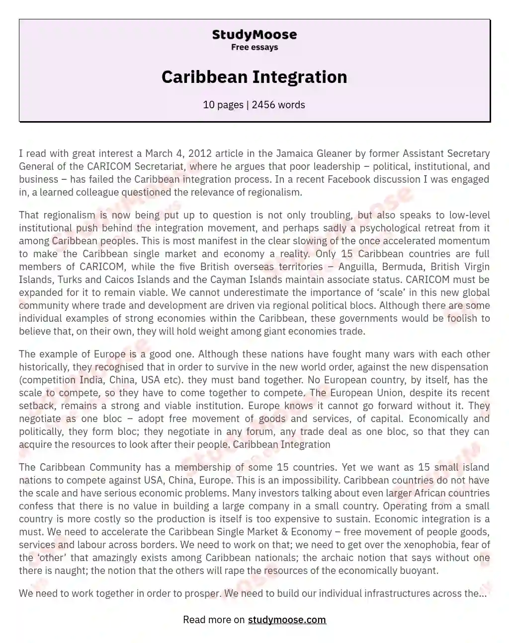 Caribbean Integration essay