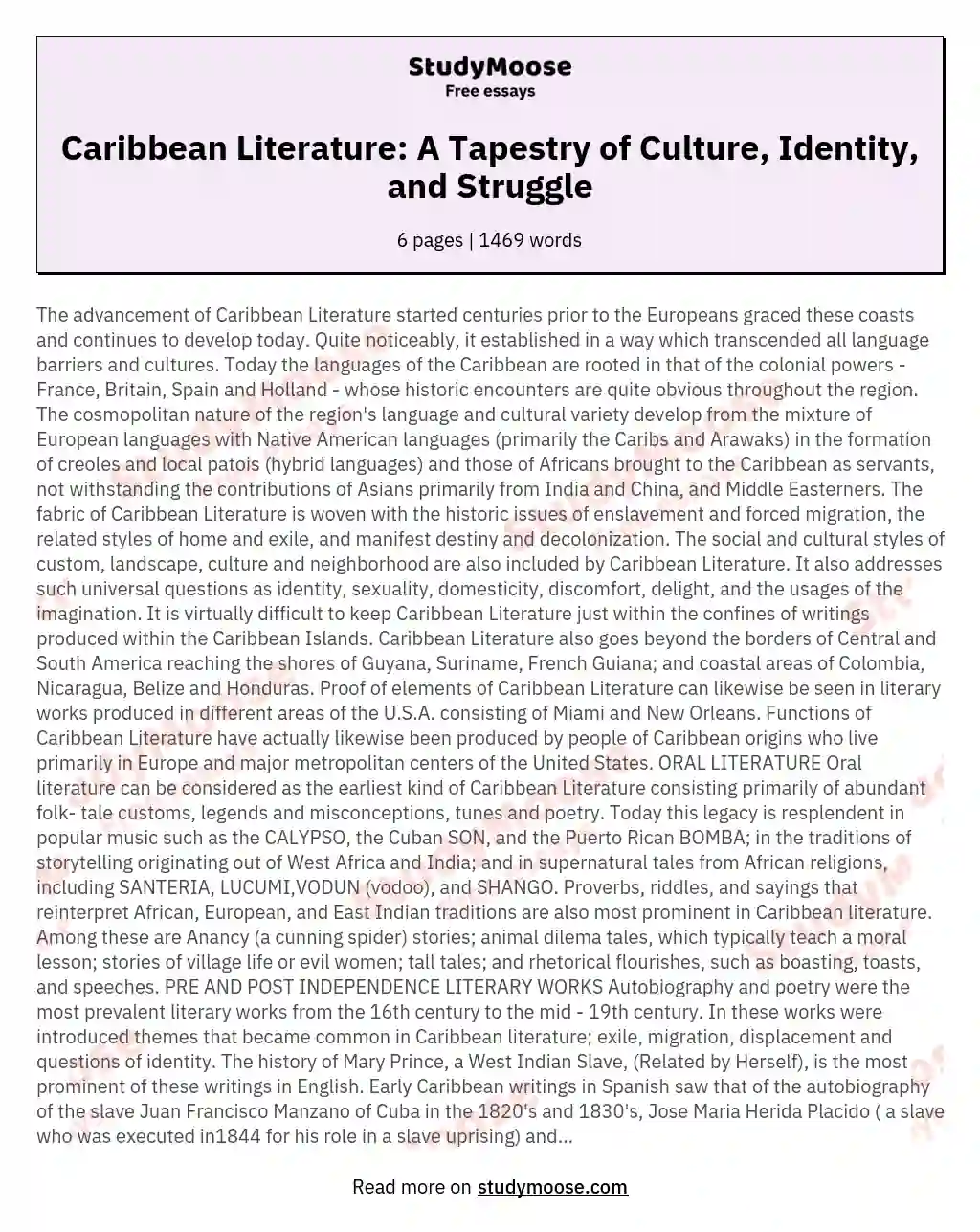 Caribbean Literature: A Tapestry of Culture, Identity, and Struggle essay