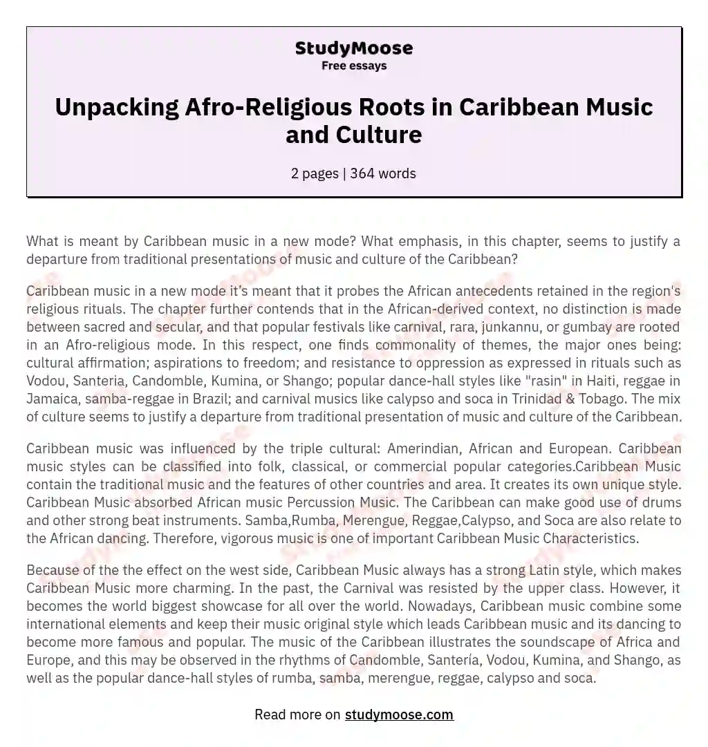 Afro-Religious Roots and Evolution of Caribbean Music in a New Mode essay