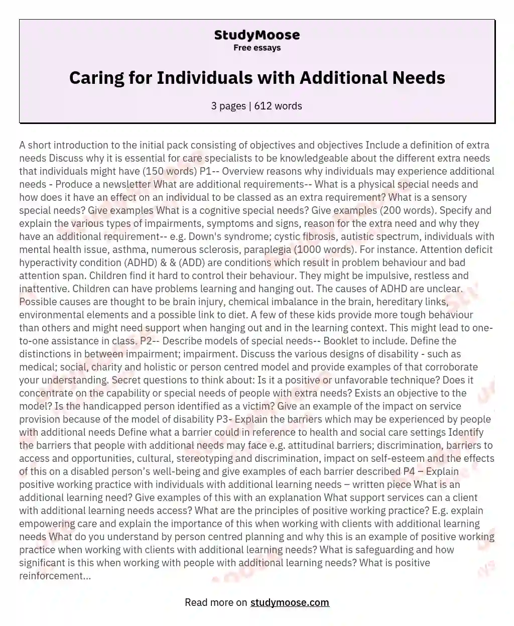 Caring for Individuals with Additional Needs essay