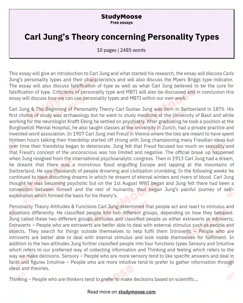 Carl Jung’s Theory concerning Personality Types