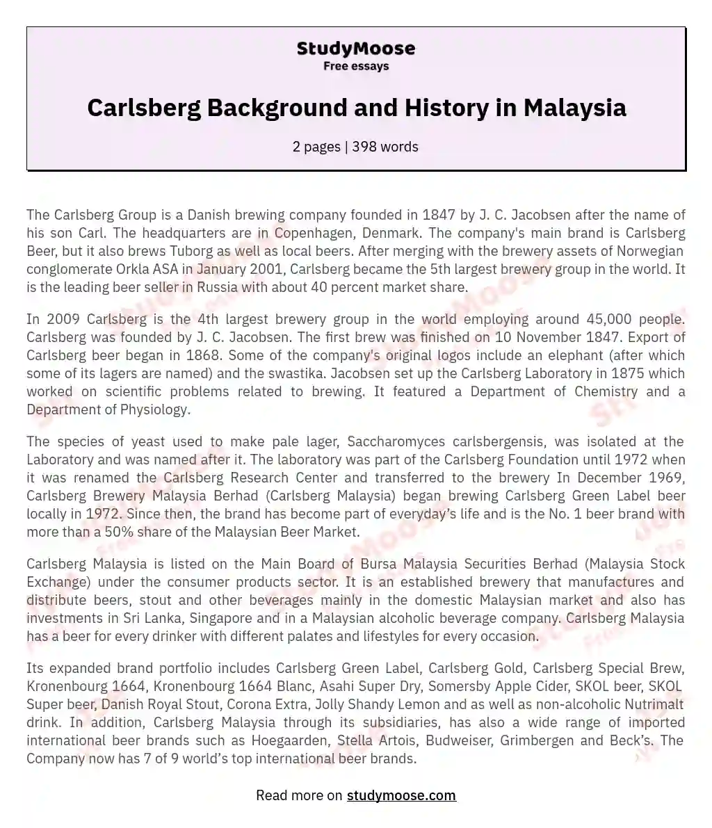 Carlsberg Background and History in Malaysia essay