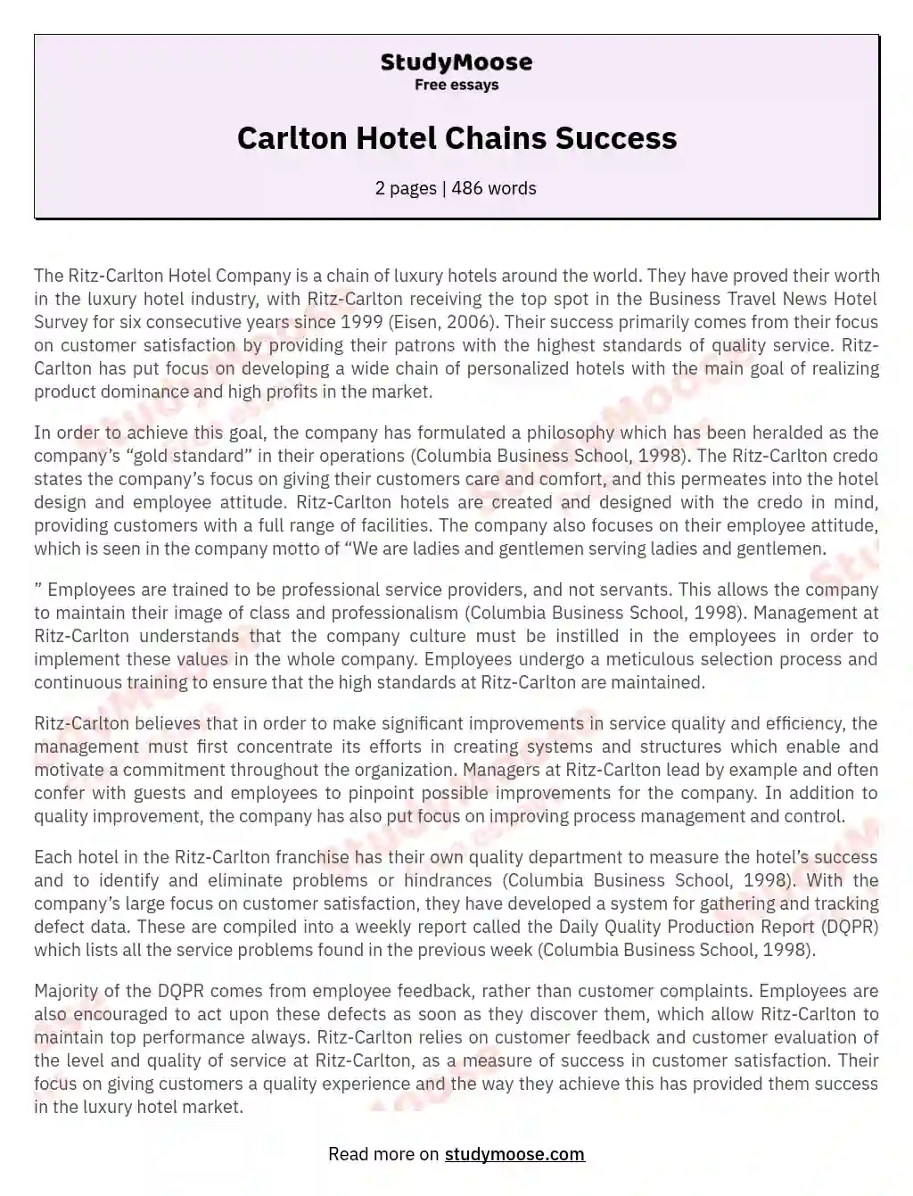 Carlton Hotel Chains Success essay