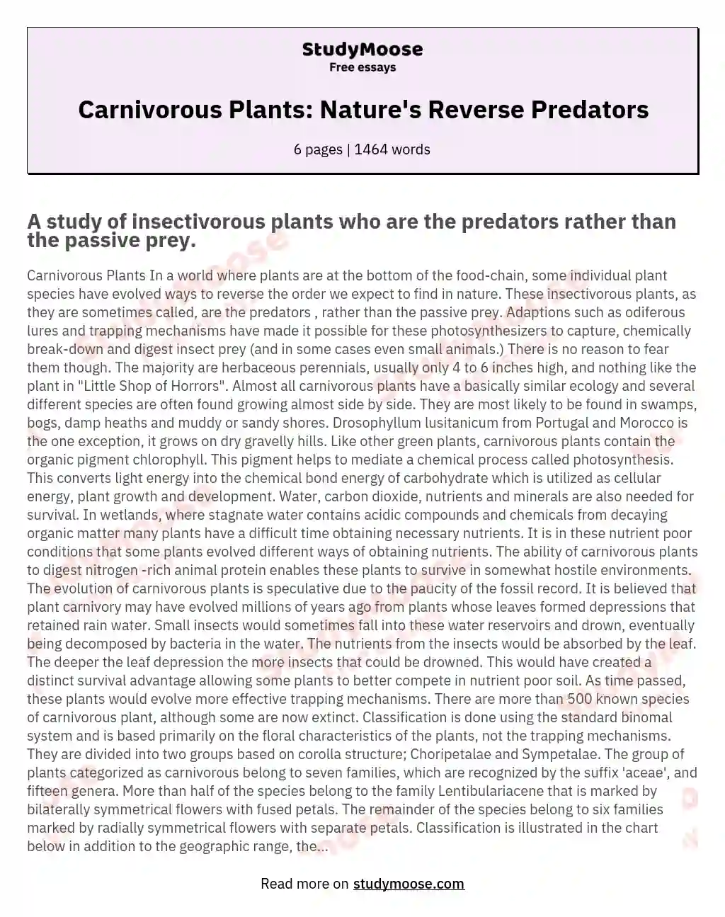 Carnivorous Plants: Nature's Reverse Predators essay