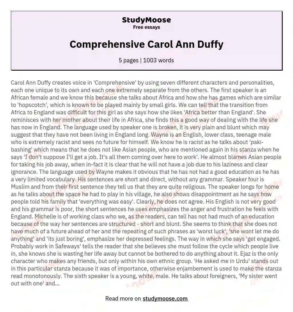 Comprehensive Carol Ann Duffy essay