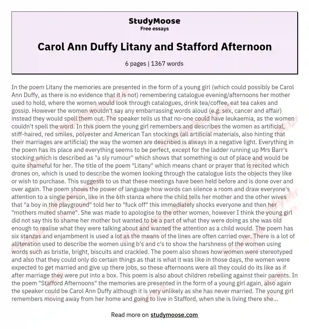 Carol Ann Duffy Litany and Stafford Afternoon essay