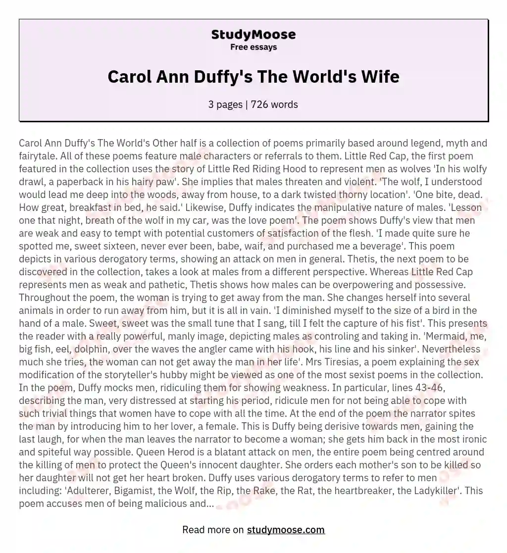 Carol Ann Duffy's The World's Wife essay