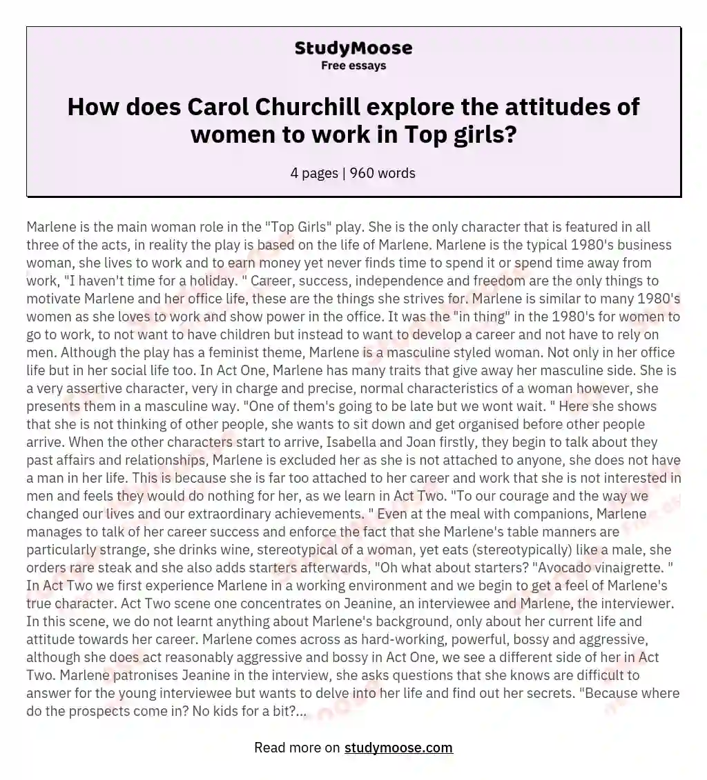 How does Carol Churchill explore the attitudes of women to work in Top girls? essay