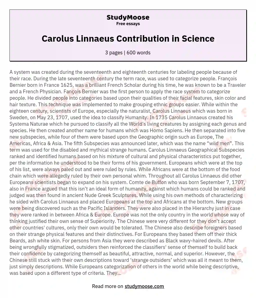 Carolus Linnaeus Contribution in Science essay