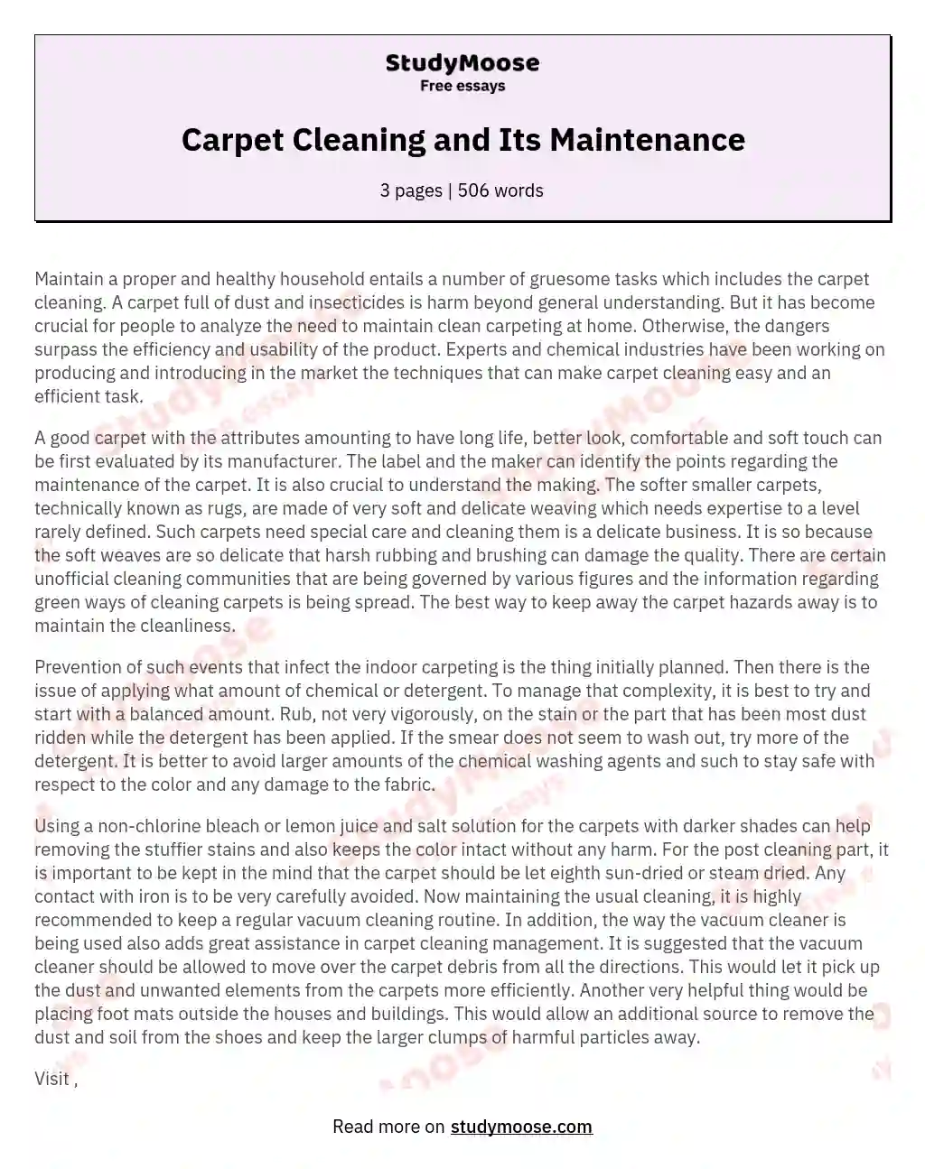 Carpet Cleaning and Its Maintenance essay