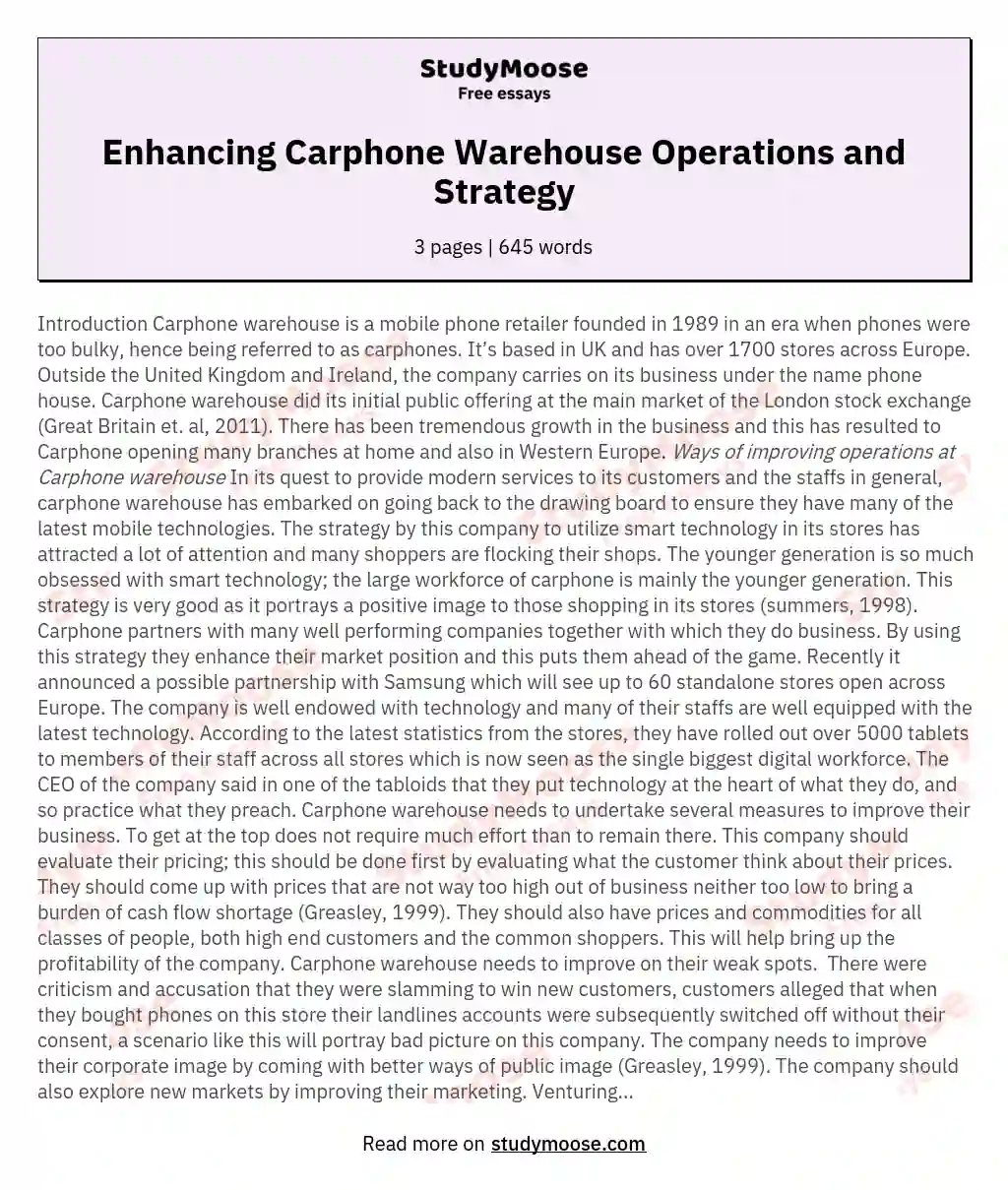 Enhancing Carphone Warehouse Operations and Strategy essay