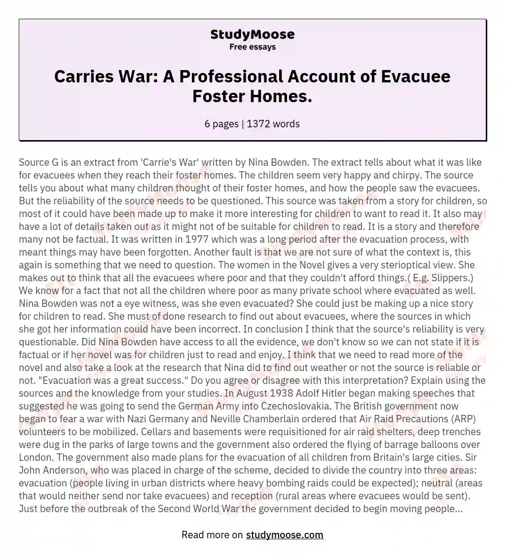 Carries War: A Professional Account of Evacuee Foster Homes. essay
