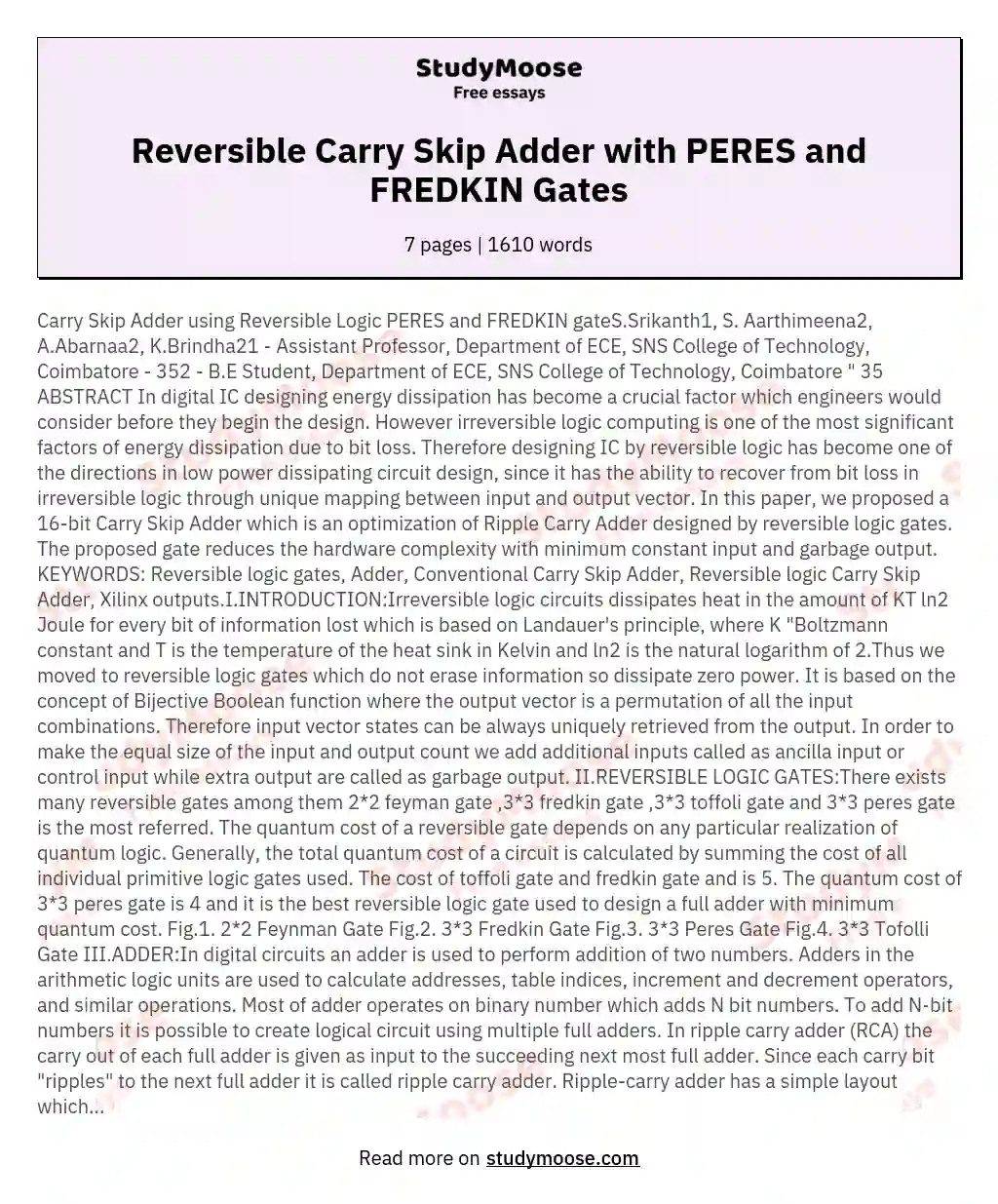 Reversible Carry Skip Adder with PERES and FREDKIN Gates essay