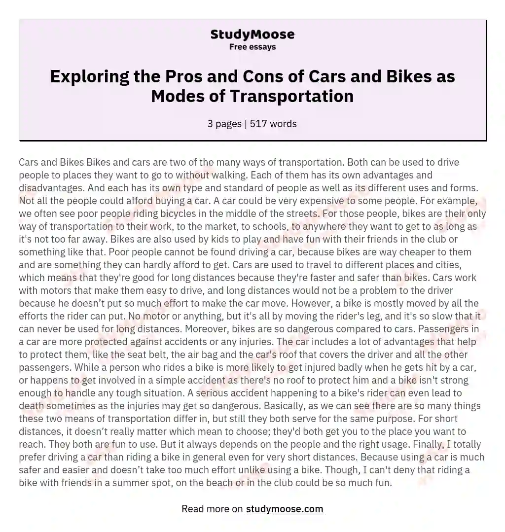 Exploring the Pros and Cons of Cars and Bikes as Modes of Transportation essay