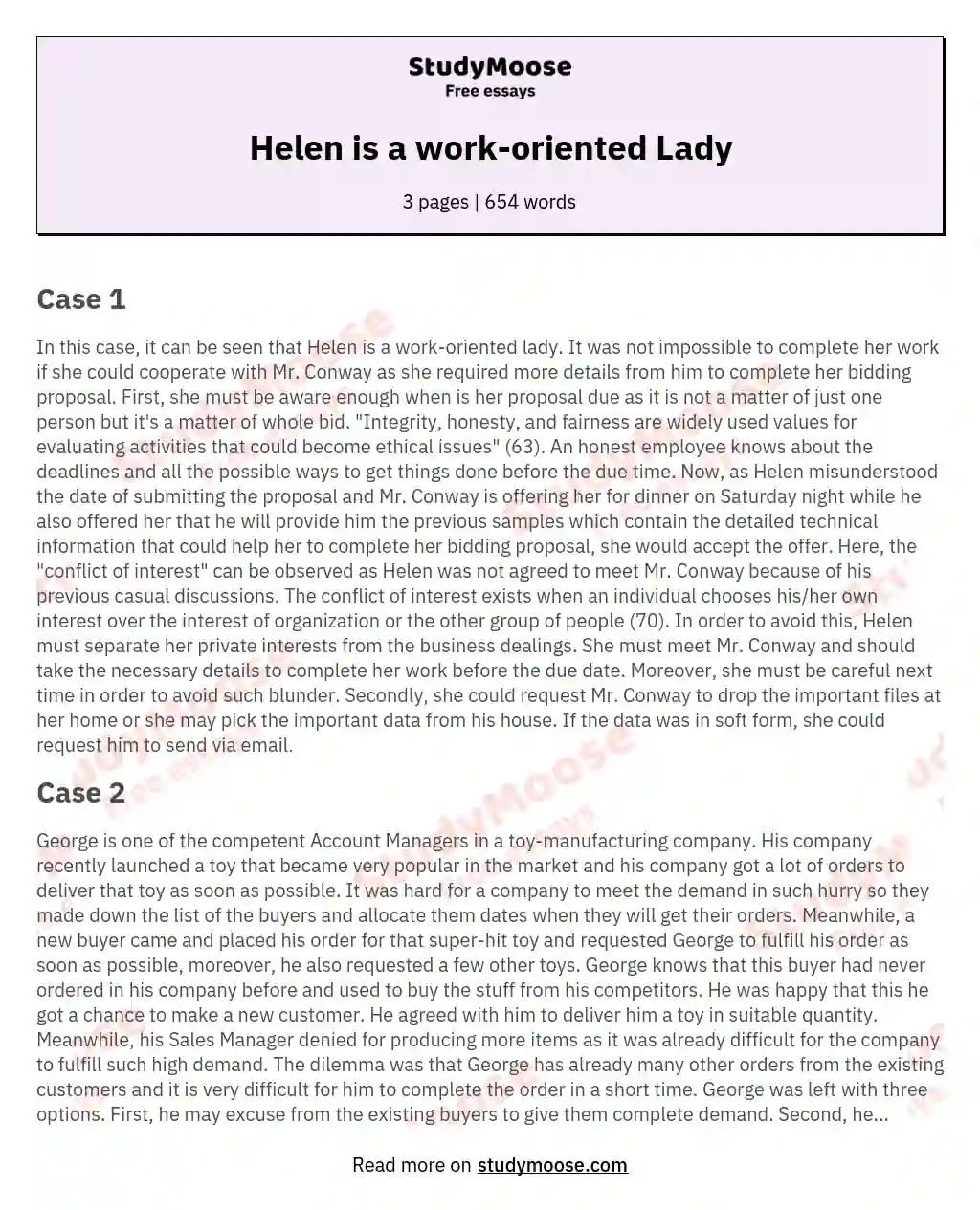Helen is a work-oriented Lady essay