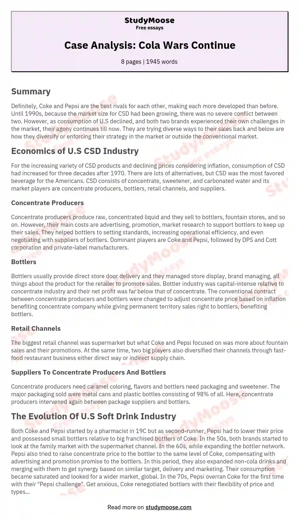 Case Analysis: Cola Wars Continue essay