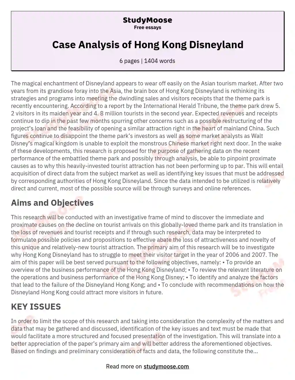 Case Analysis of Hong Kong Disneyland essay