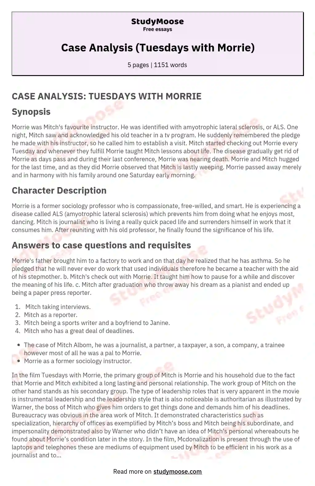 Case Analysis (Tuesdays with Morrie)
