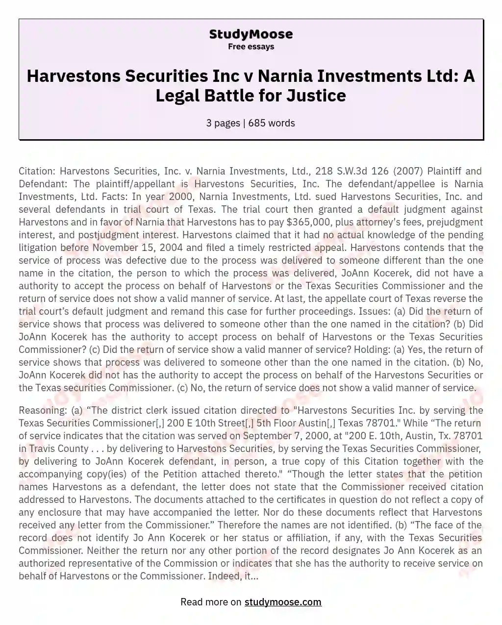 Harvestons Securities Inc v Narnia Investments Ltd: A Legal Battle for Justice essay