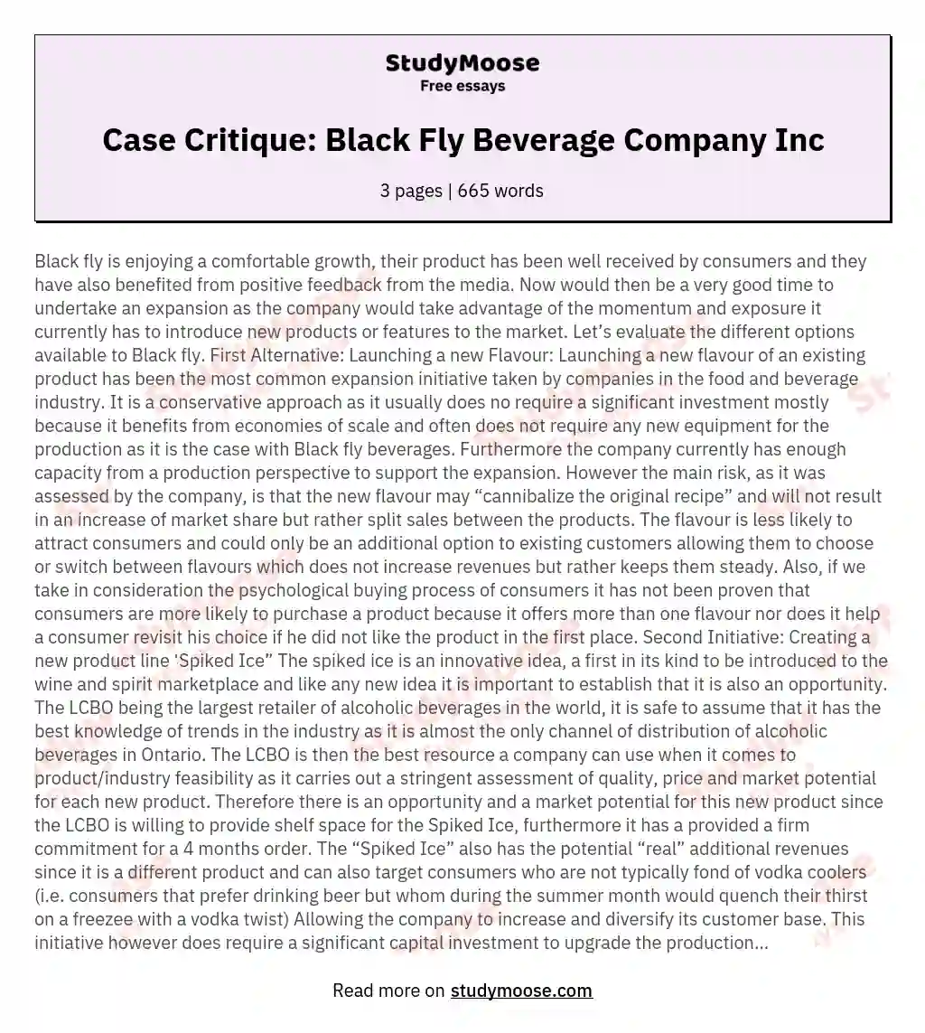 Case Critique: Black Fly Beverage Company Inc essay