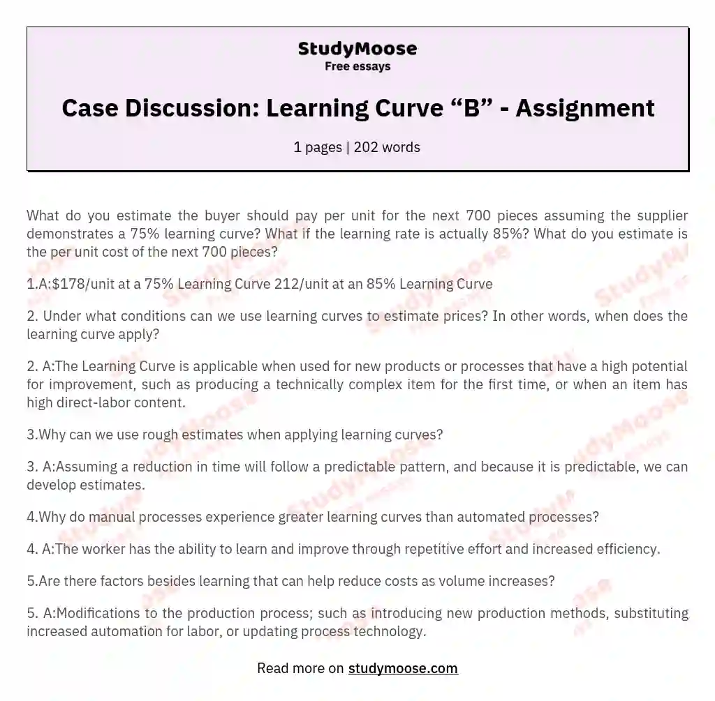 Case Discussion: Learning Curve “B” - Assignment essay