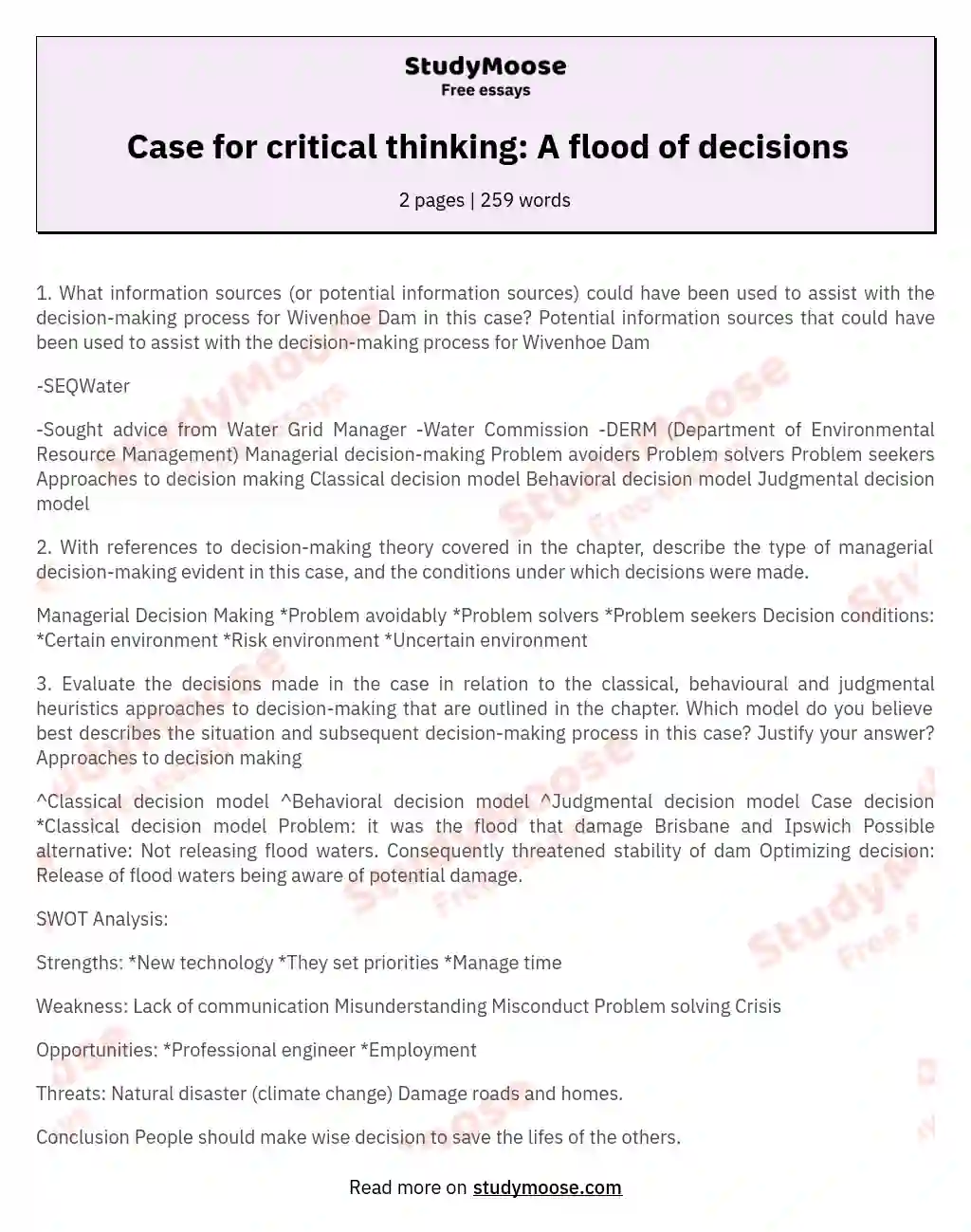 Case for critical thinking: A flood of decisions essay