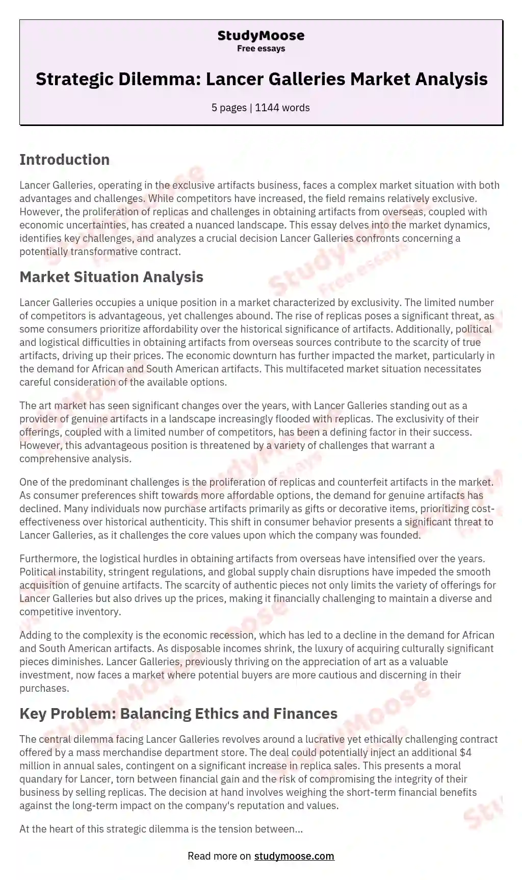 Strategic Dilemma: Lancer Galleries Market Analysis essay
