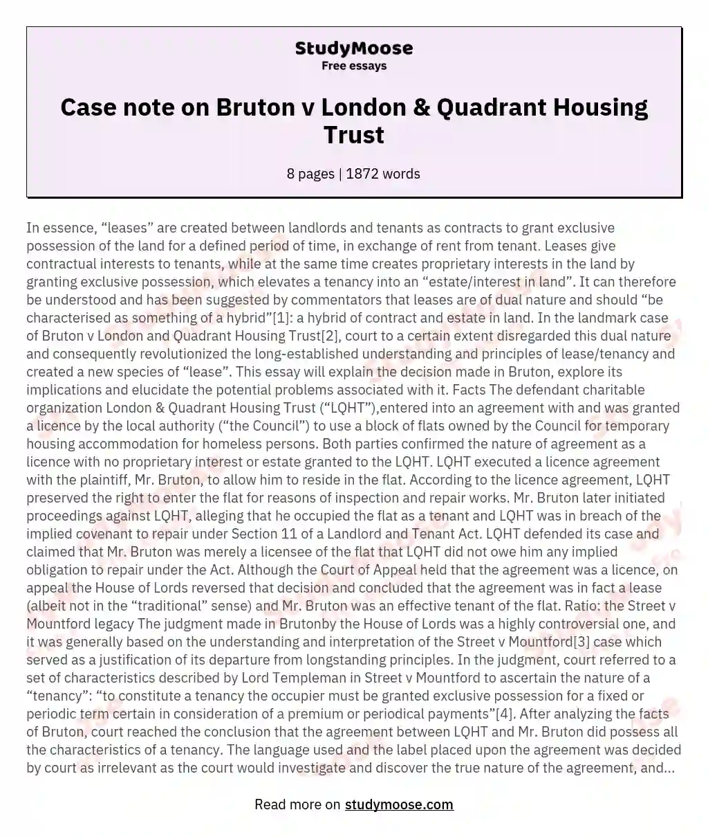 Case note on Bruton v London &amp; Quadrant Housing Trust essay