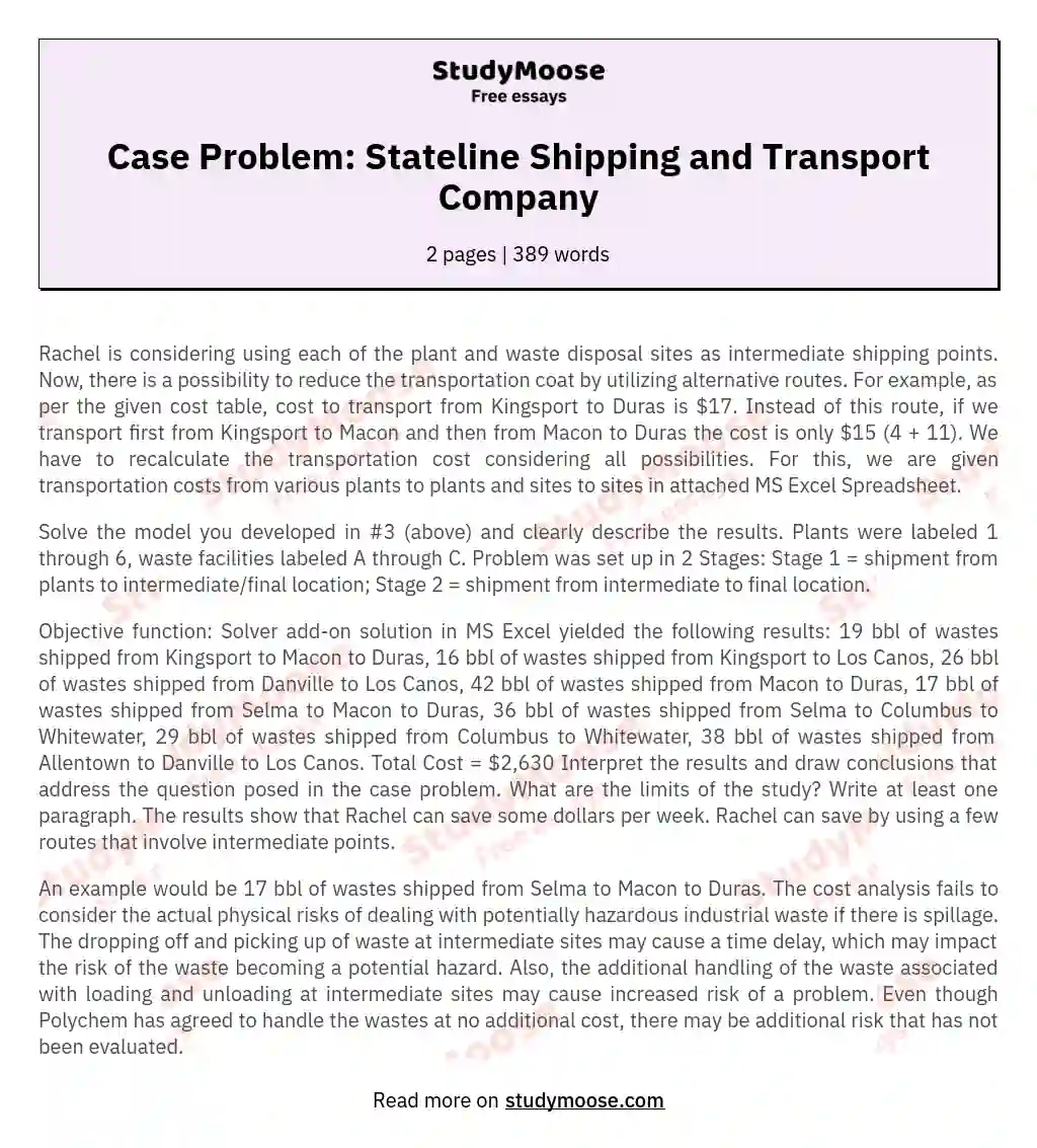 Case Problem: Stateline Shipping and Transport Company