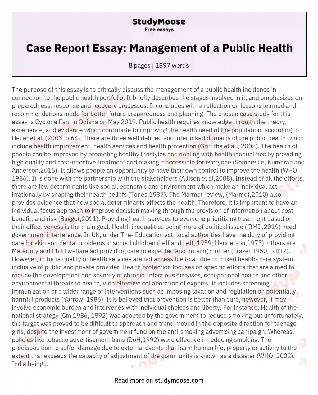 Case Report Essay: Management of a Public Health essay