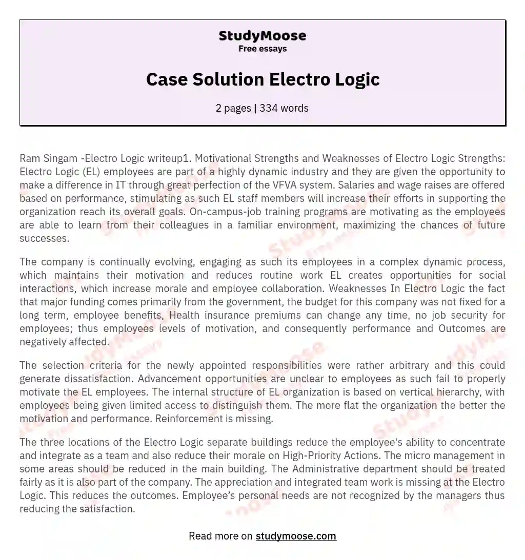 Case Solution Electro Logic essay