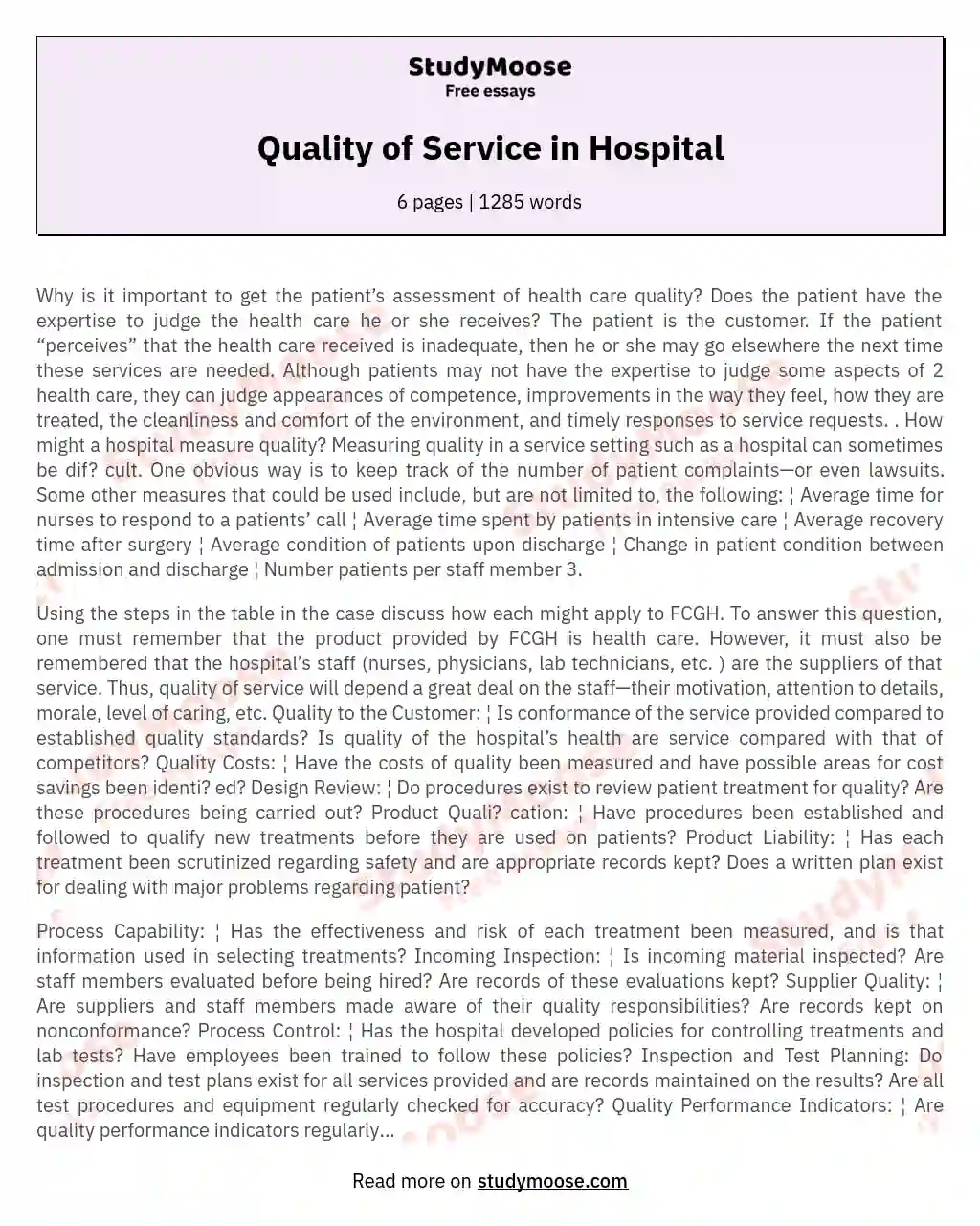 Quality of Service in Hospital essay