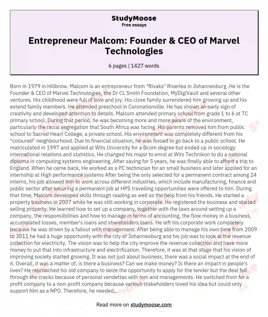 Entrepreneur Malcom: Founder & CEO of Marvel Technologies essay
