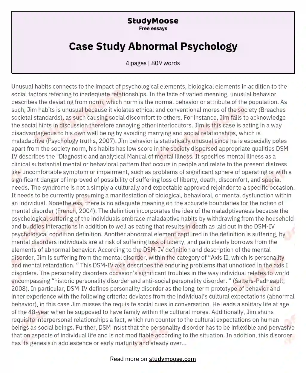 case study assignment abnormal psychology
