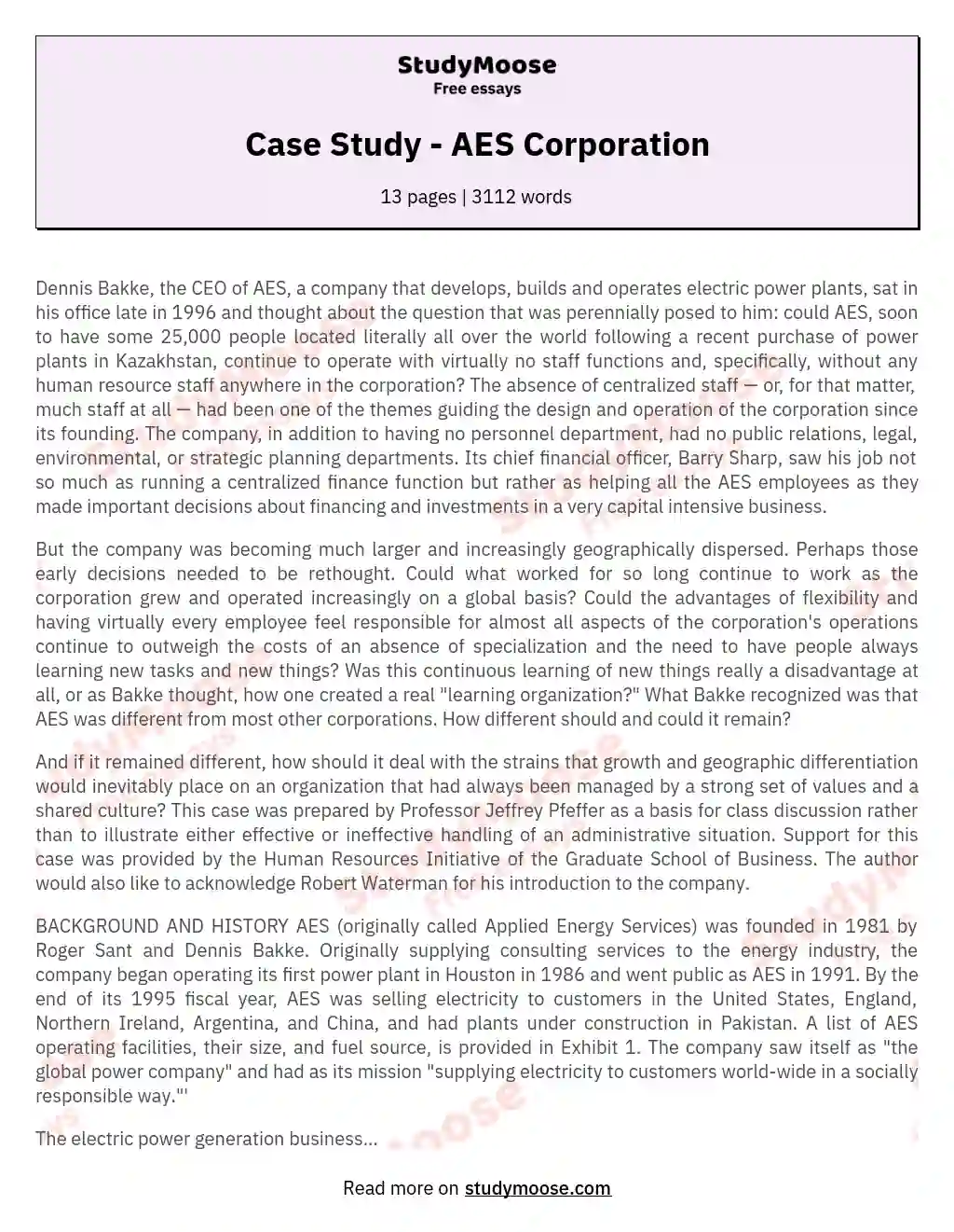 Case Study - AES Corporation essay