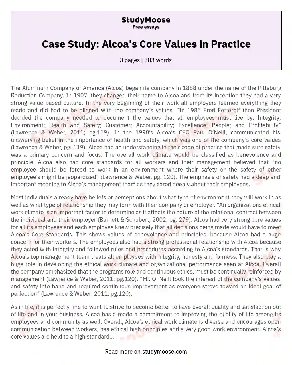 Case Study: Alcoa’s Core Values in Practice essay