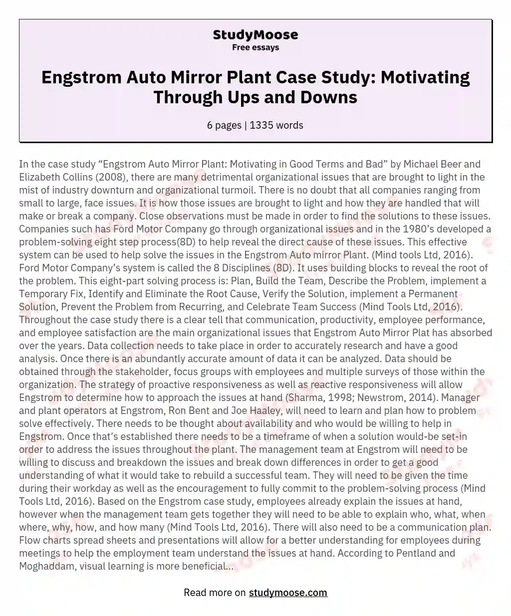 Engstrom Auto Mirror Plant Case Study: Motivating Through Ups and Downs