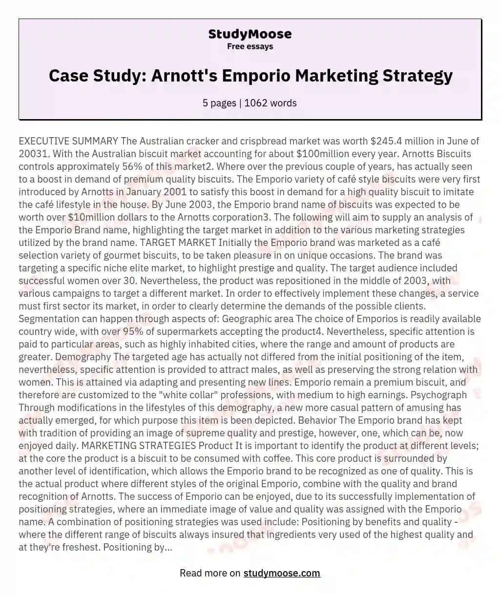 Case Study: Arnott's Emporio Marketing Strategy essay